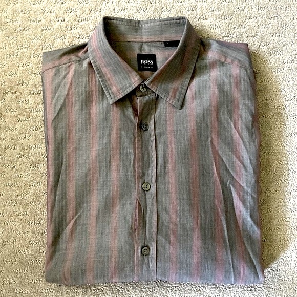 HUGO BOSS Lucas Regular Fit gray & pink dress shirt, Large. - Picture 1 of 10